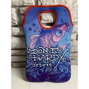 Ed Hardy Christian Audigier Koi Fish Neoprene Wine Bottle Carrier Bag Blue Y2K